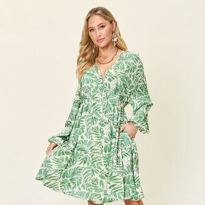 Double Take Full Size Printed Ruched Balloon Sleeve Dress